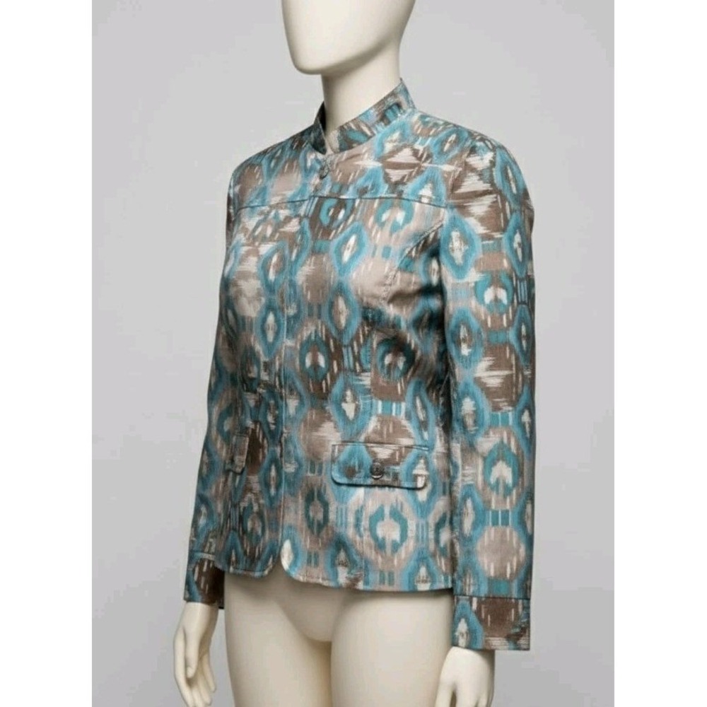 Alfred Dunner Ikat Print Mandarin Collar Shacket - Teal, Brown & Ivory Size 12